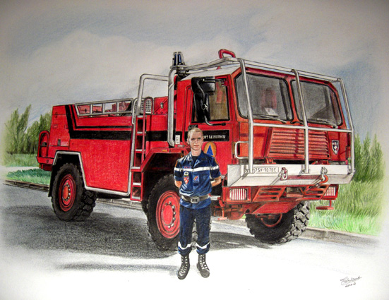 dessin crayon de couleur d'un camion de pompier + personnage