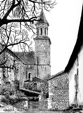 dessin a la plume N&B de l'eglise d'Exoudun