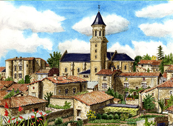 dessin a la plume du village d'Exoudun